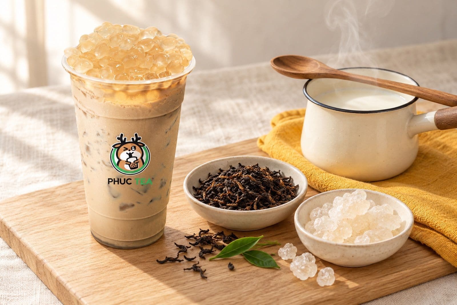 Trà Sữa Đài Loan Phúc Tea bên lá trà đen, đường phèn và nồi sữa ấm (ảnh minh hoạ)