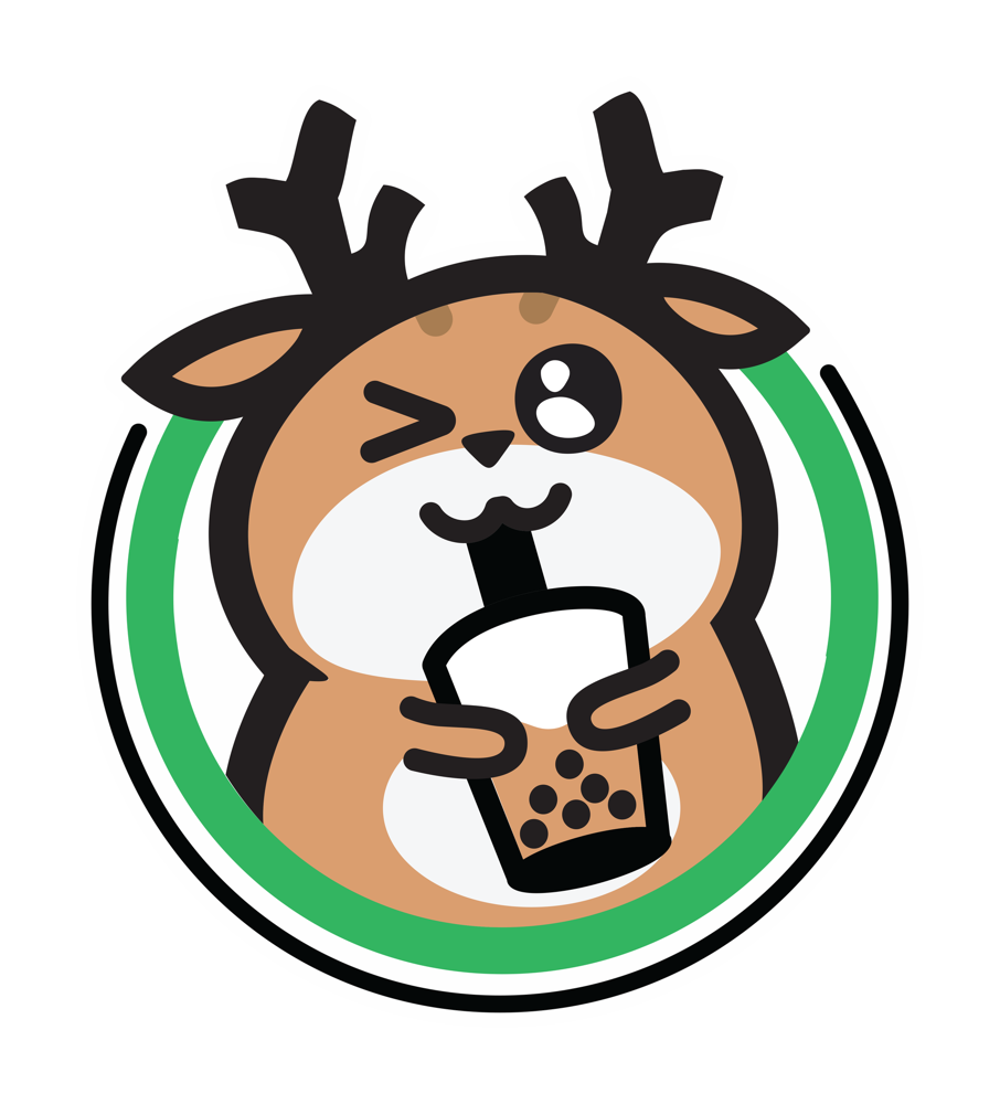Huy hiệu logo Phúc Tea với linh vật Hươu Phúc nháy mắt, ôm ly trà sữa trân châu