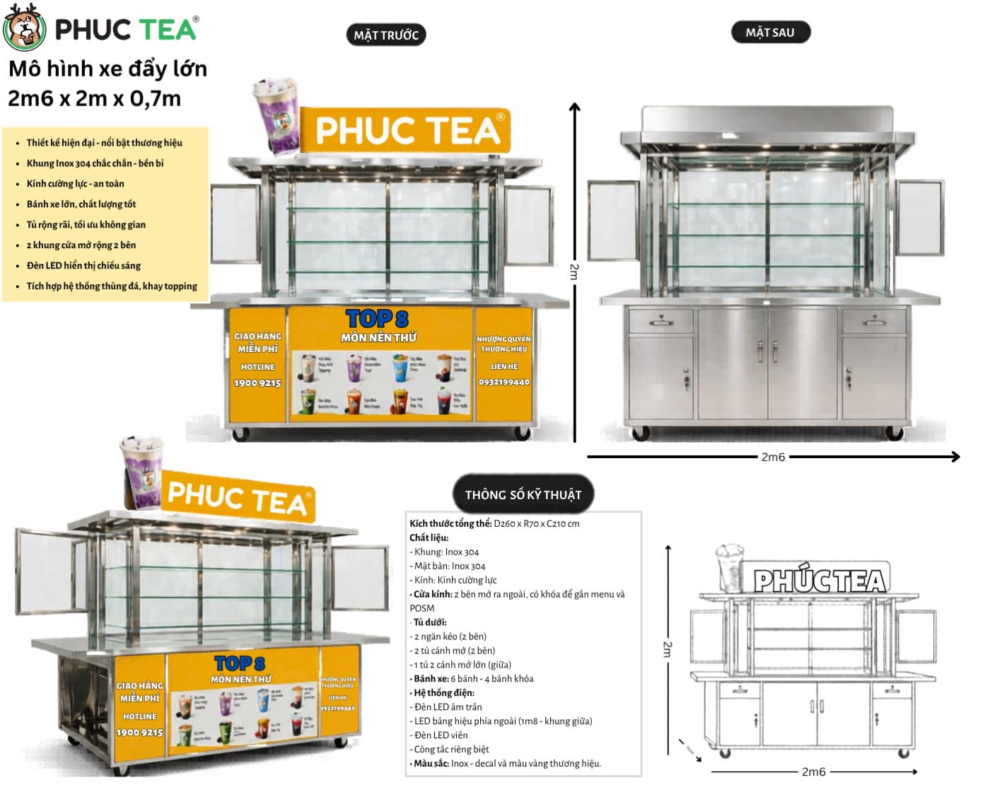 Hình tham khảo thiết kế và các bộ phận của xe đẩy Phúc Tea