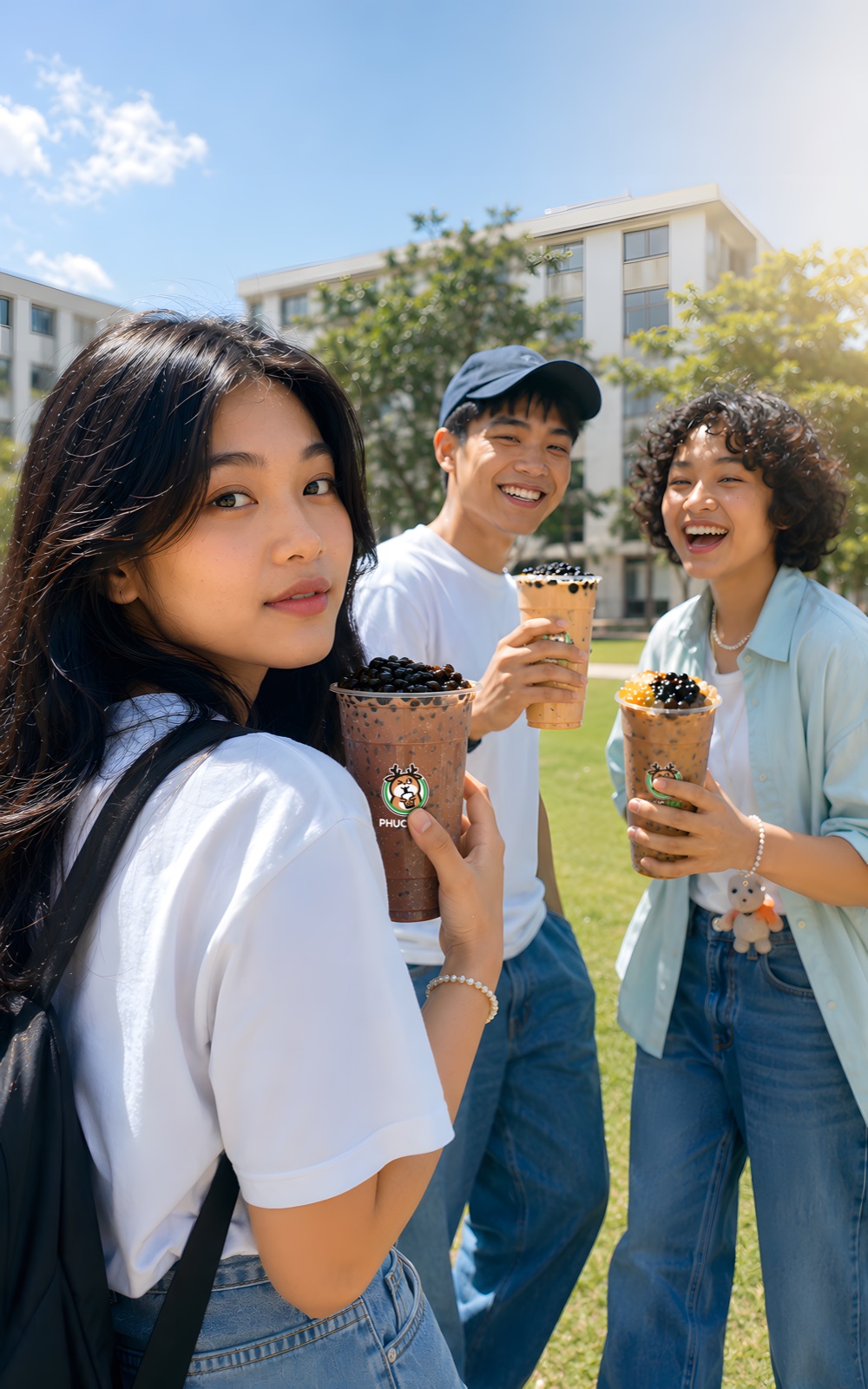 Nhóm bạn cầm ly trà sữa trân châu Phúc Tea