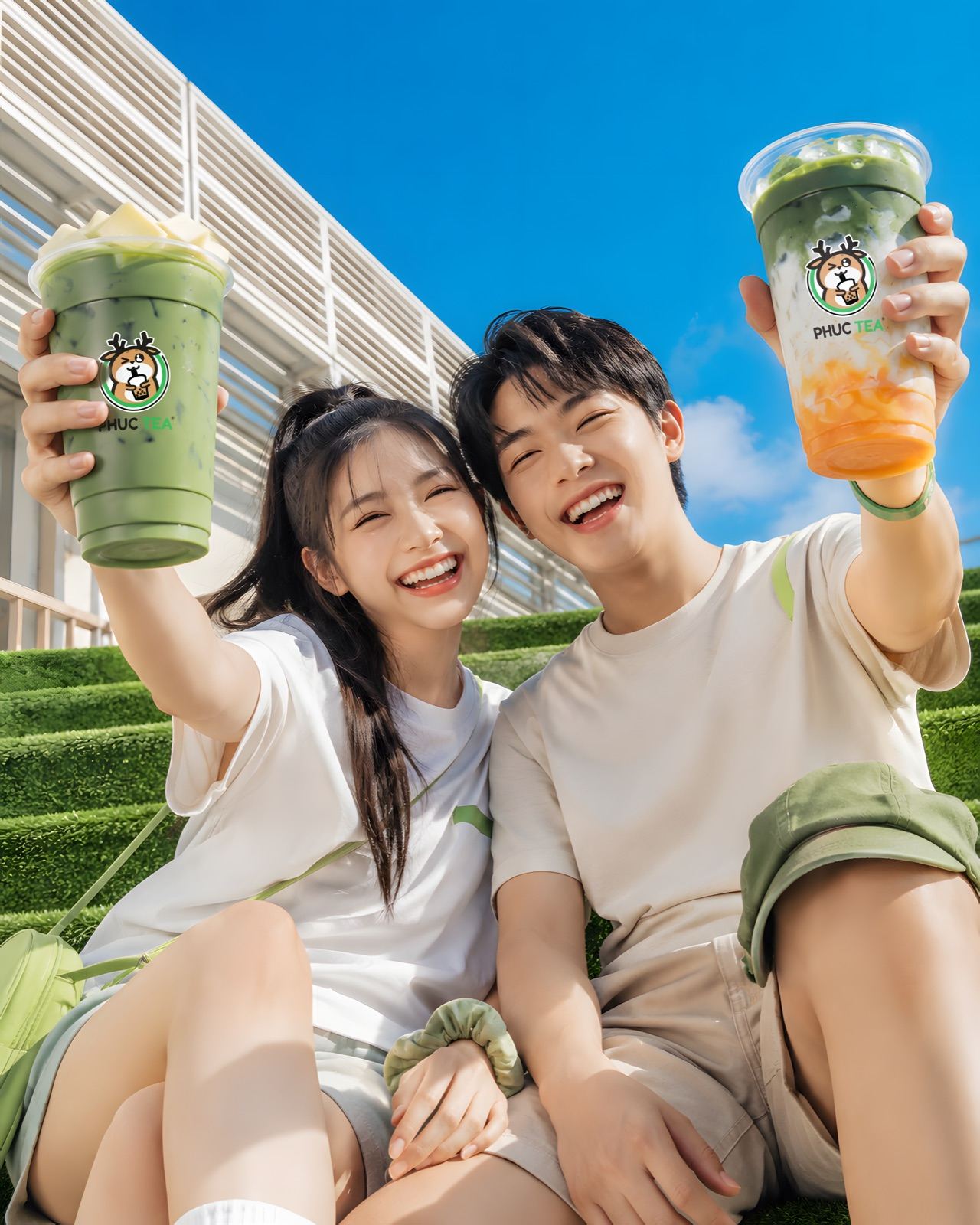 Cặp đôi cụng ly trà xanh Phúc Tea