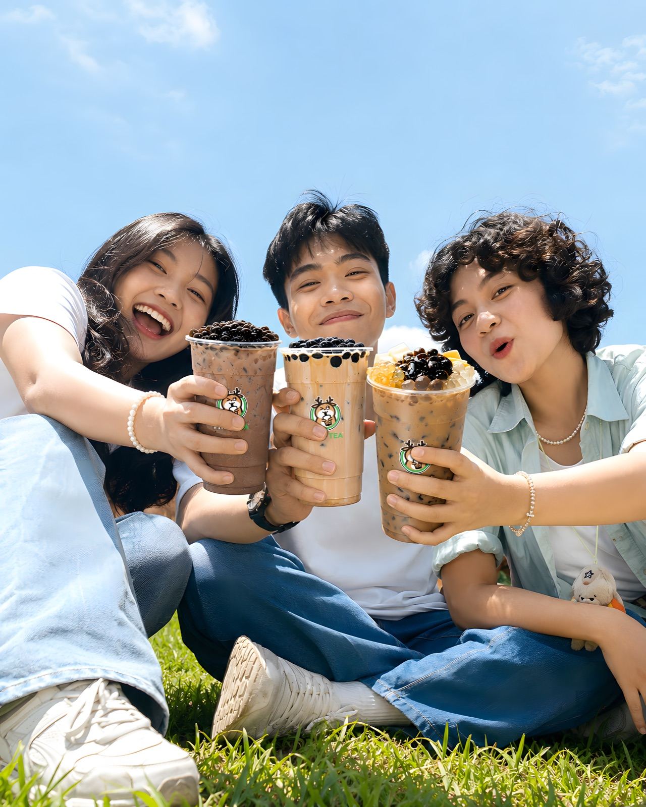 Ba người bạn khoe ly Phúc Tea trên bãi cỏ
