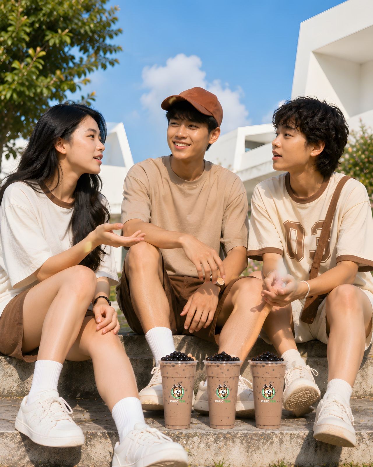 Nhóm bạn ngồi bậc thềm cùng Phúc Tea