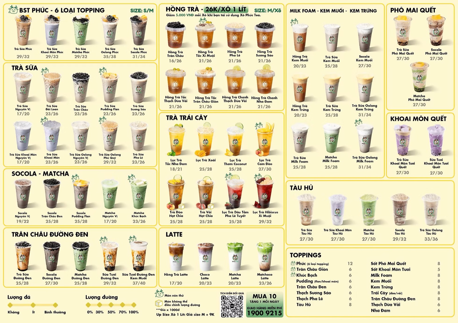 Bảng menu Phúc Tea với đầy đủ các dòng thức uống