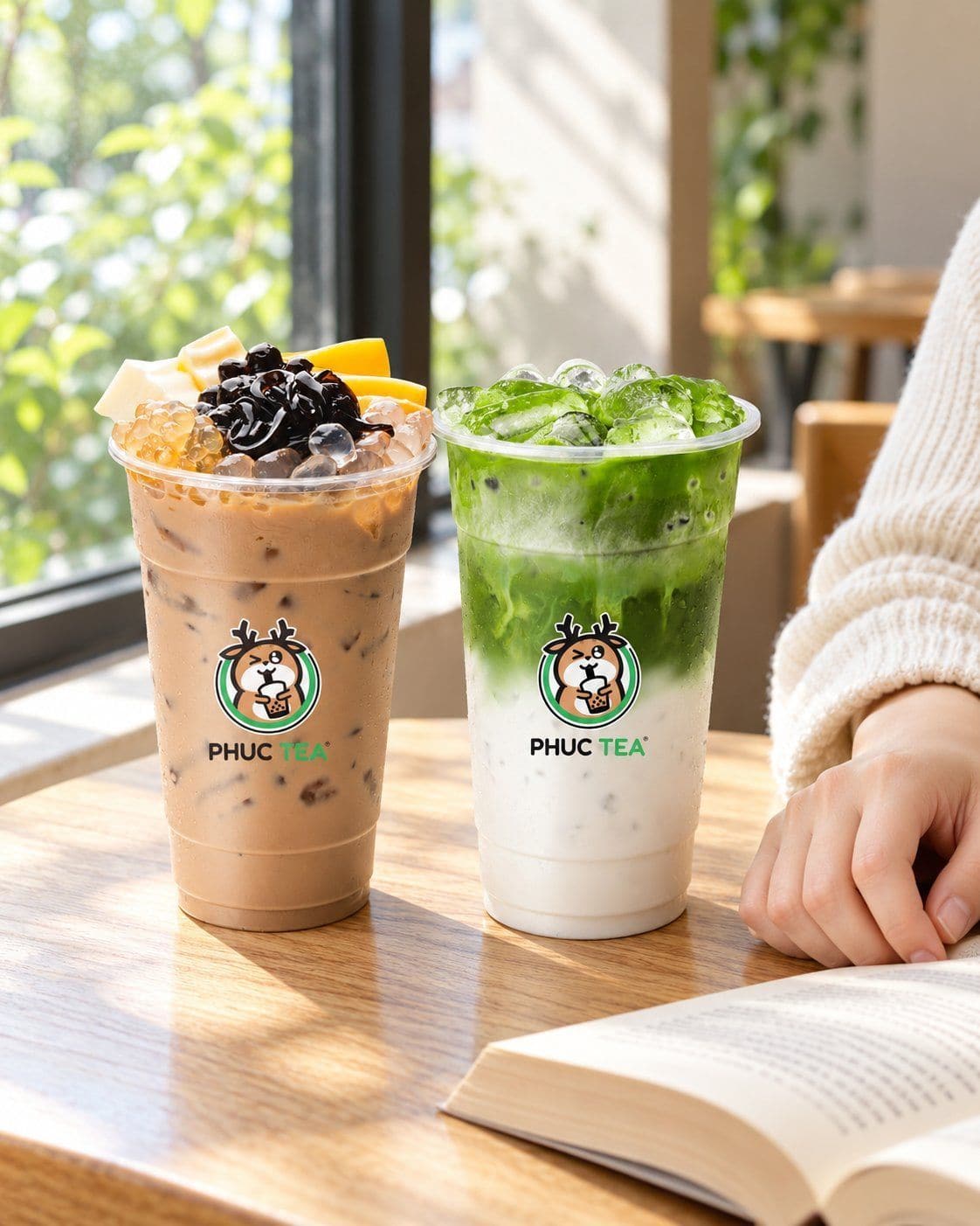 Hai ly Phúc Tea trên bàn quán, khách ngồi bên cửa sổ